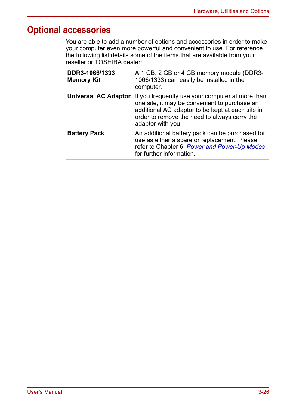 Optional accessories, Optional accessories -26 | Toshiba Satellite L755 User Manual | Page 70 / 179