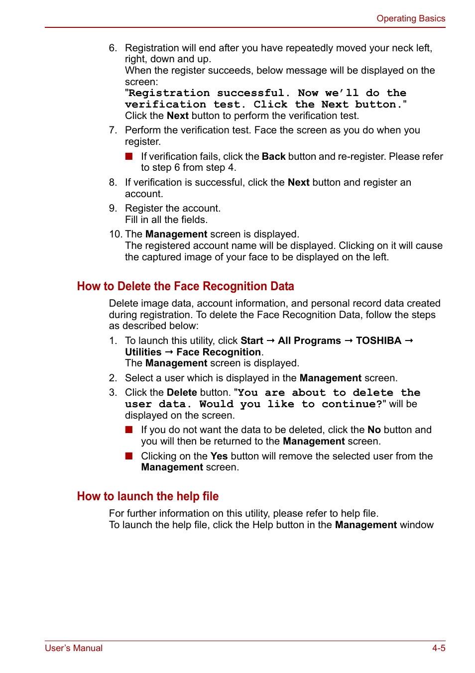 How to delete the face recognition data, How to launch the help file | Toshiba Satellite L755 User Manual | Page 75 / 179