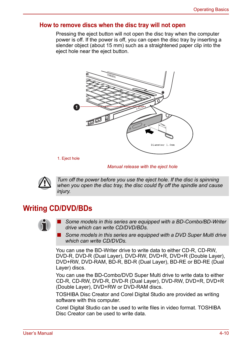 Writing cd/dvd/bds, Writing cd/dvd/bds -10 | Toshiba Satellite L755 User Manual | Page 80 / 179