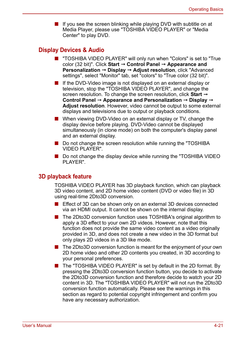 Display devices & audio, 3d playback feature | Toshiba Satellite L755 User Manual | Page 91 / 179