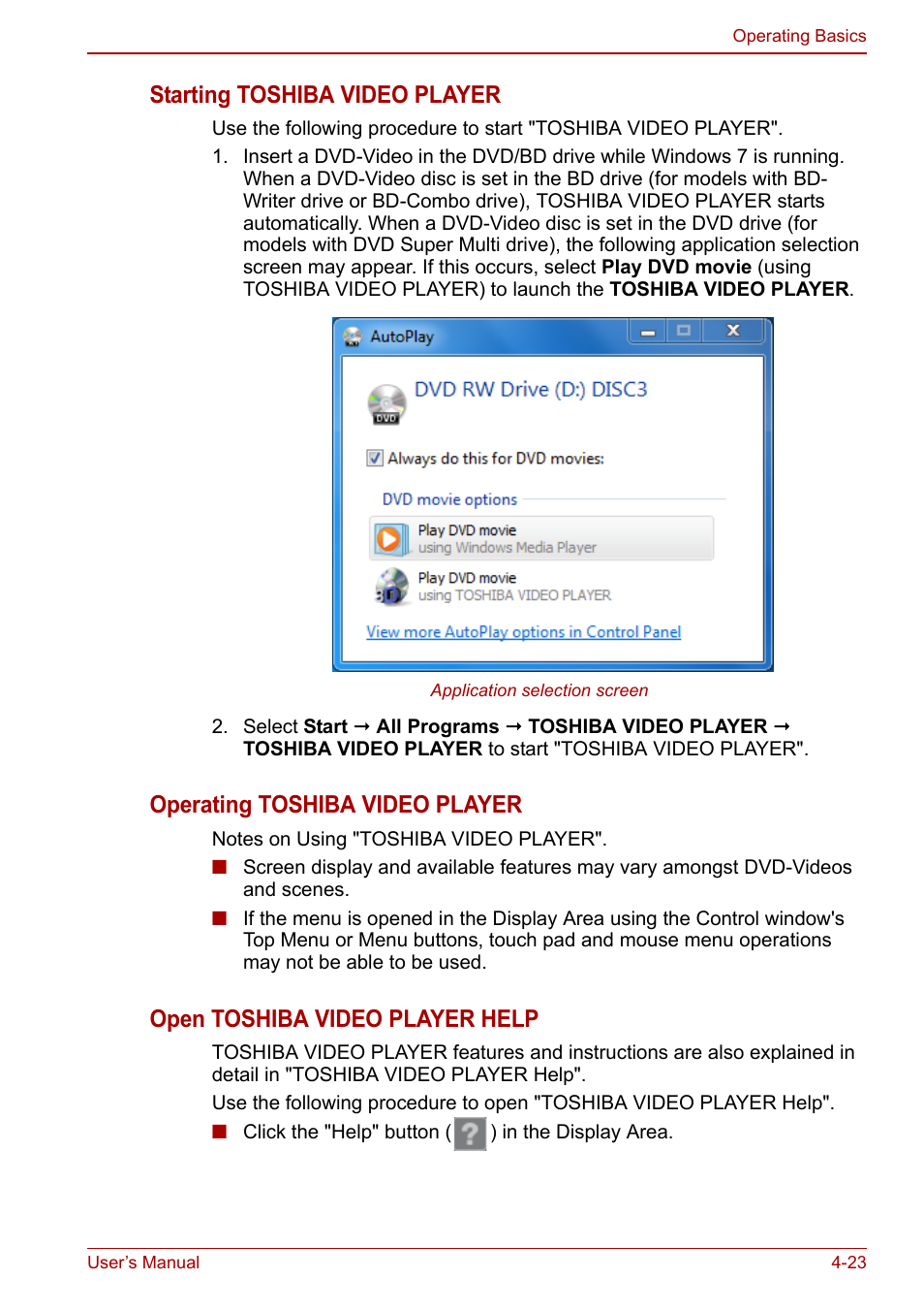 Starting toshiba video player, Operating toshiba video player, Open toshiba video player help | Toshiba Satellite L755 User Manual | Page 93 / 179