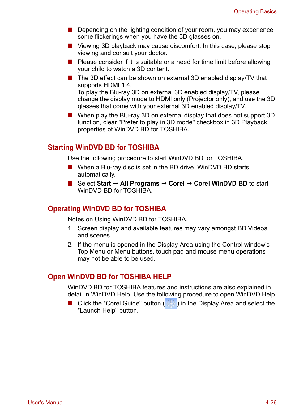 Starting windvd bd for toshiba, Operating windvd bd for toshiba, Open windvd bd for toshiba help | Toshiba Satellite L755 User Manual | Page 96 / 179