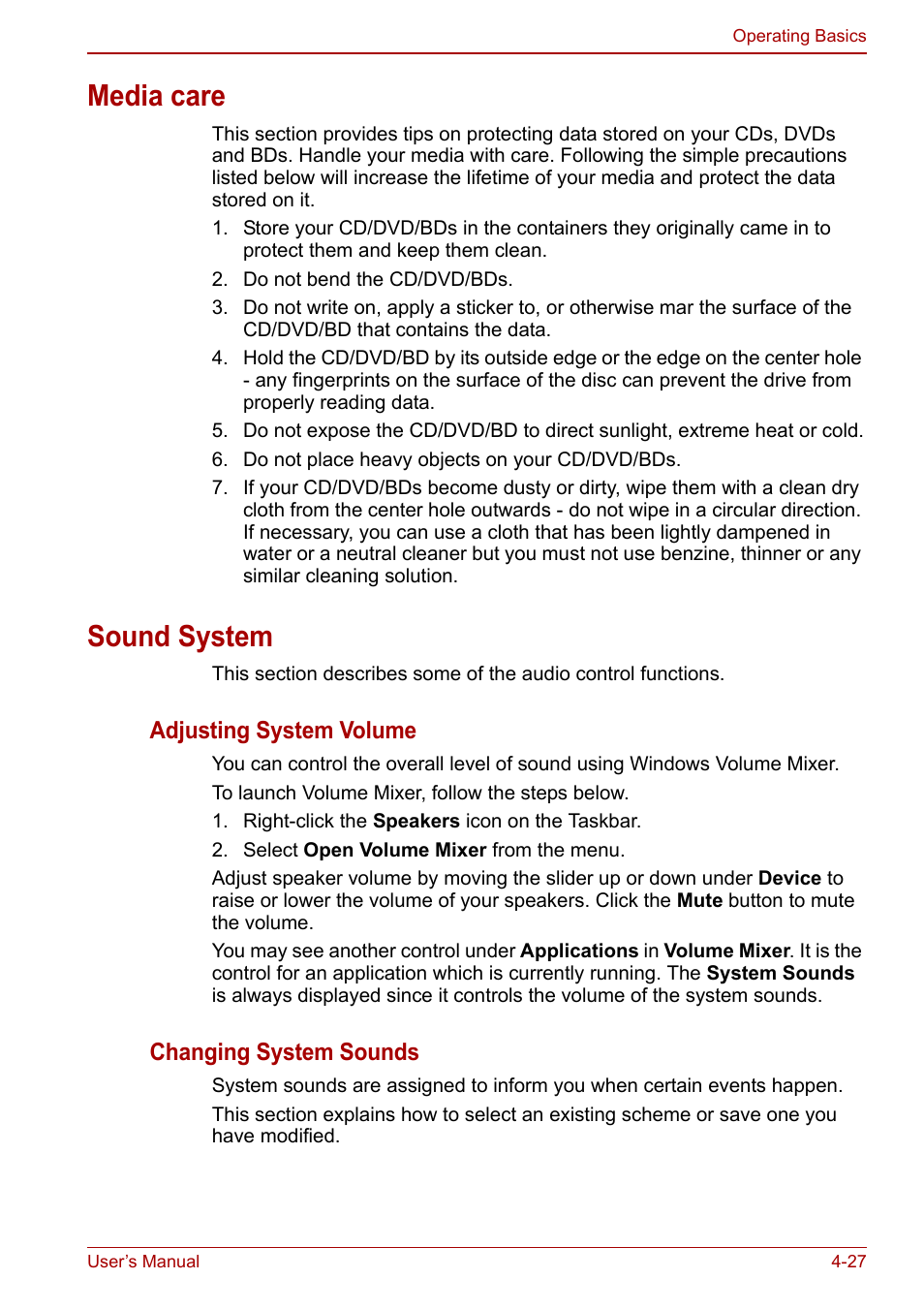 Media care, Sound system, Media care -27 sound system -27 | Toshiba Satellite L755 User Manual | Page 97 / 179