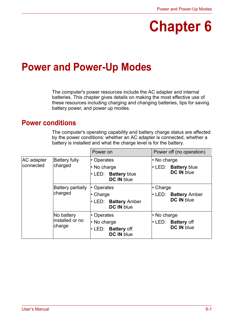 Chapter 6: power and power-up modes, Power conditions, Chapter 6 | Power and power-up modes, Power conditions -1, Power and, Power-up modes | Toshiba Equium P200 User Manual | Page 100 / 175