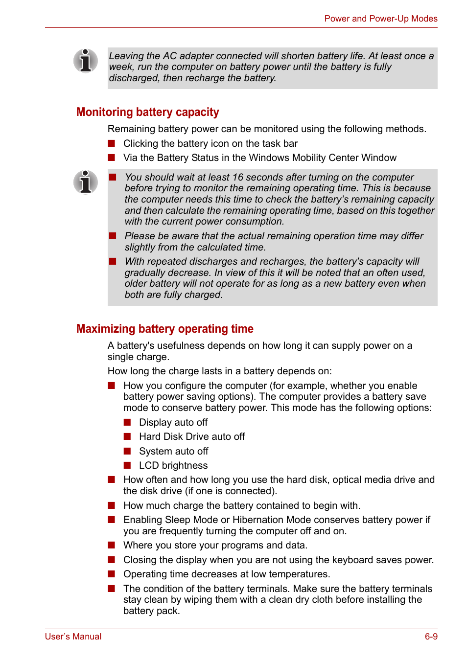 Monitoring battery capacity, Maximizing battery operating time | Toshiba Equium P200 User Manual | Page 108 / 175