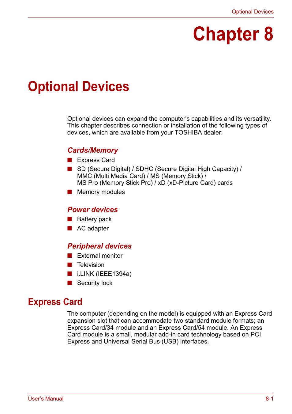 Chapter 8: optional devices, Express card, Chapter 8 | Optional devices, Express card -1, Optional, Devices | Toshiba Equium P200 User Manual | Page 118 / 175