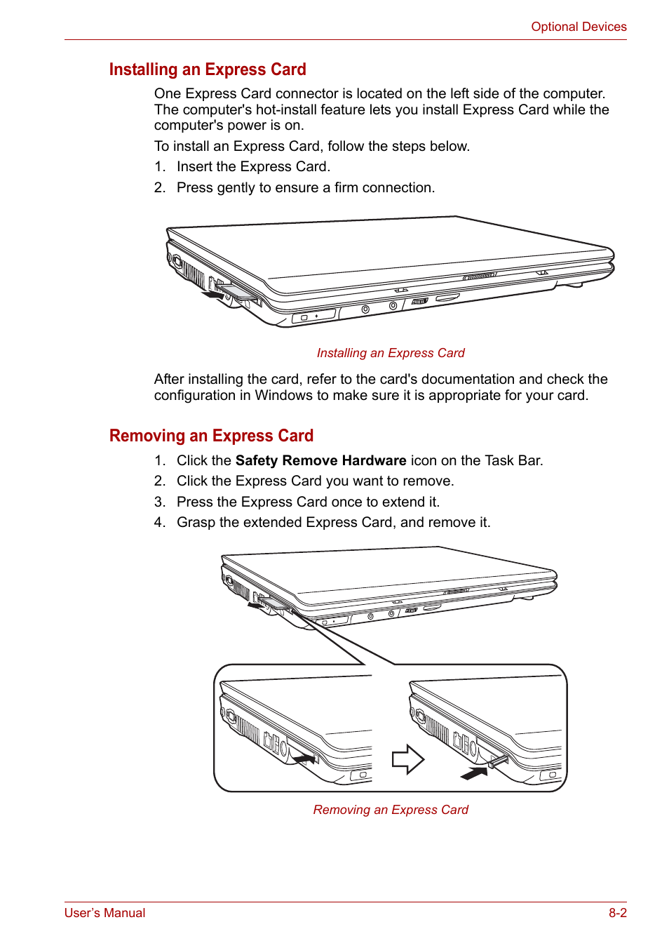 Installing an express card, Removing an express card | Toshiba Equium P200 User Manual | Page 119 / 175