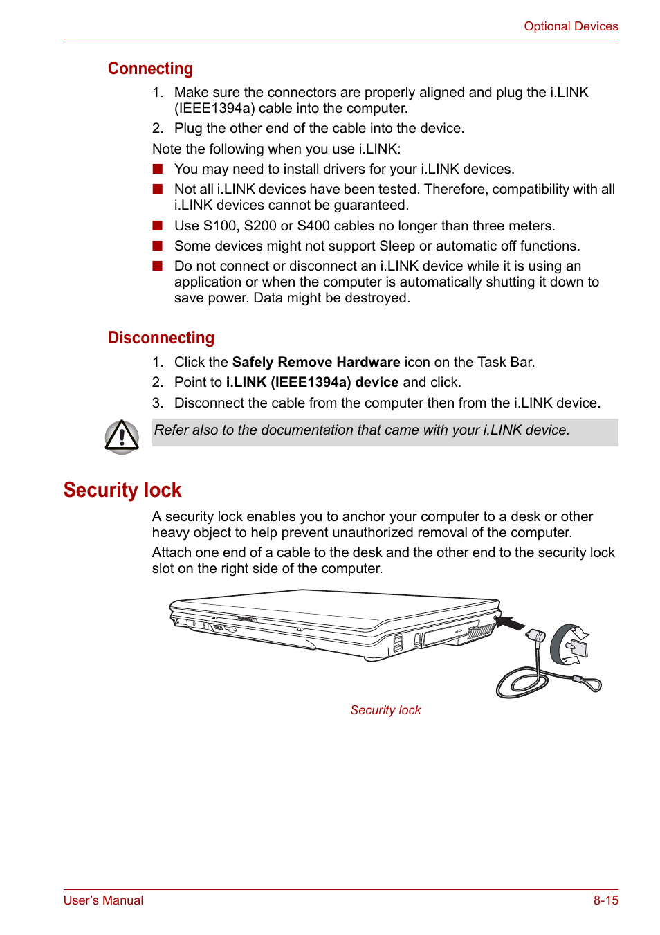 Security lock, Security lock -15, Connecting | Disconnecting | Toshiba Equium P200 User Manual | Page 132 / 175