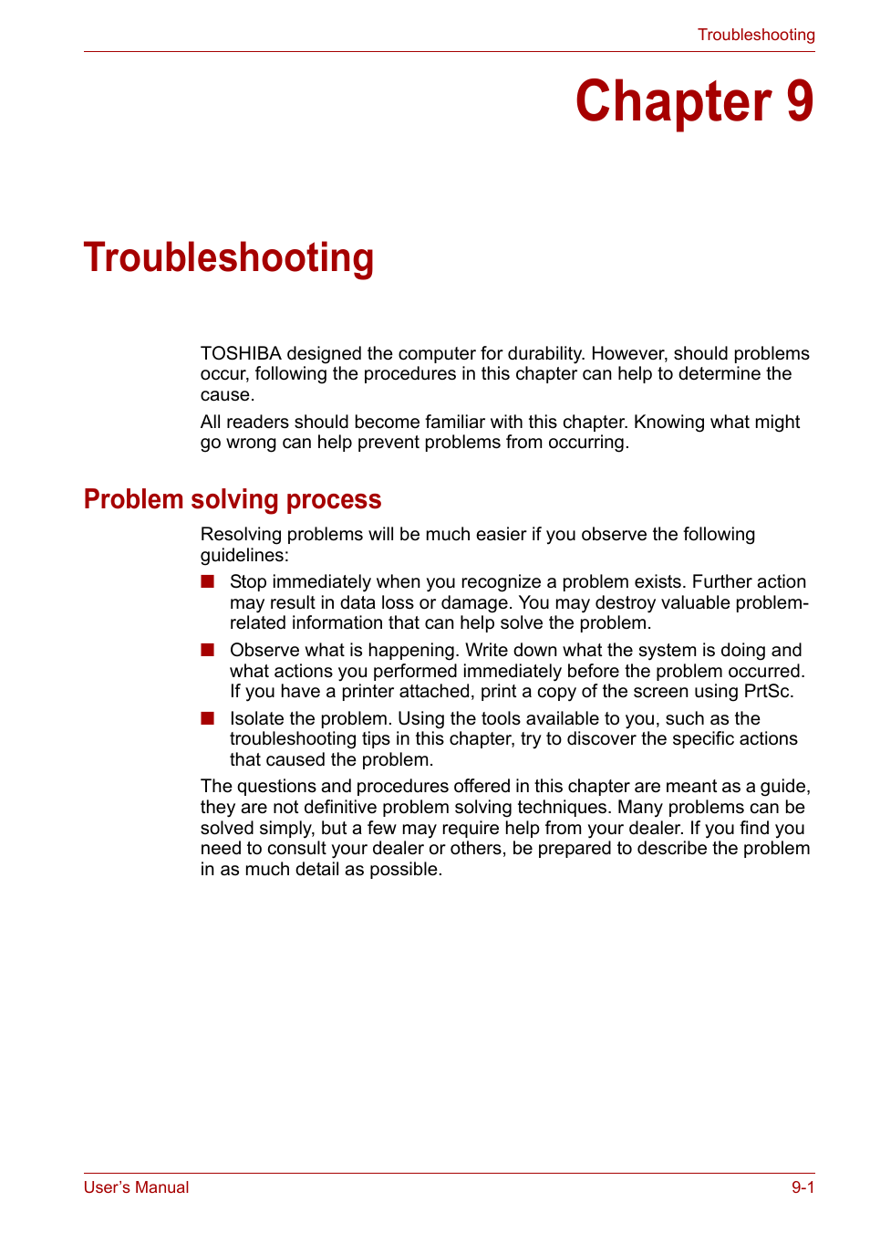 Chapter 9: troubleshooting, Problem solving process, Chapter 9 | Troubleshooting, Problem solving process -1, Provi | Toshiba Equium P200 User Manual | Page 133 / 175