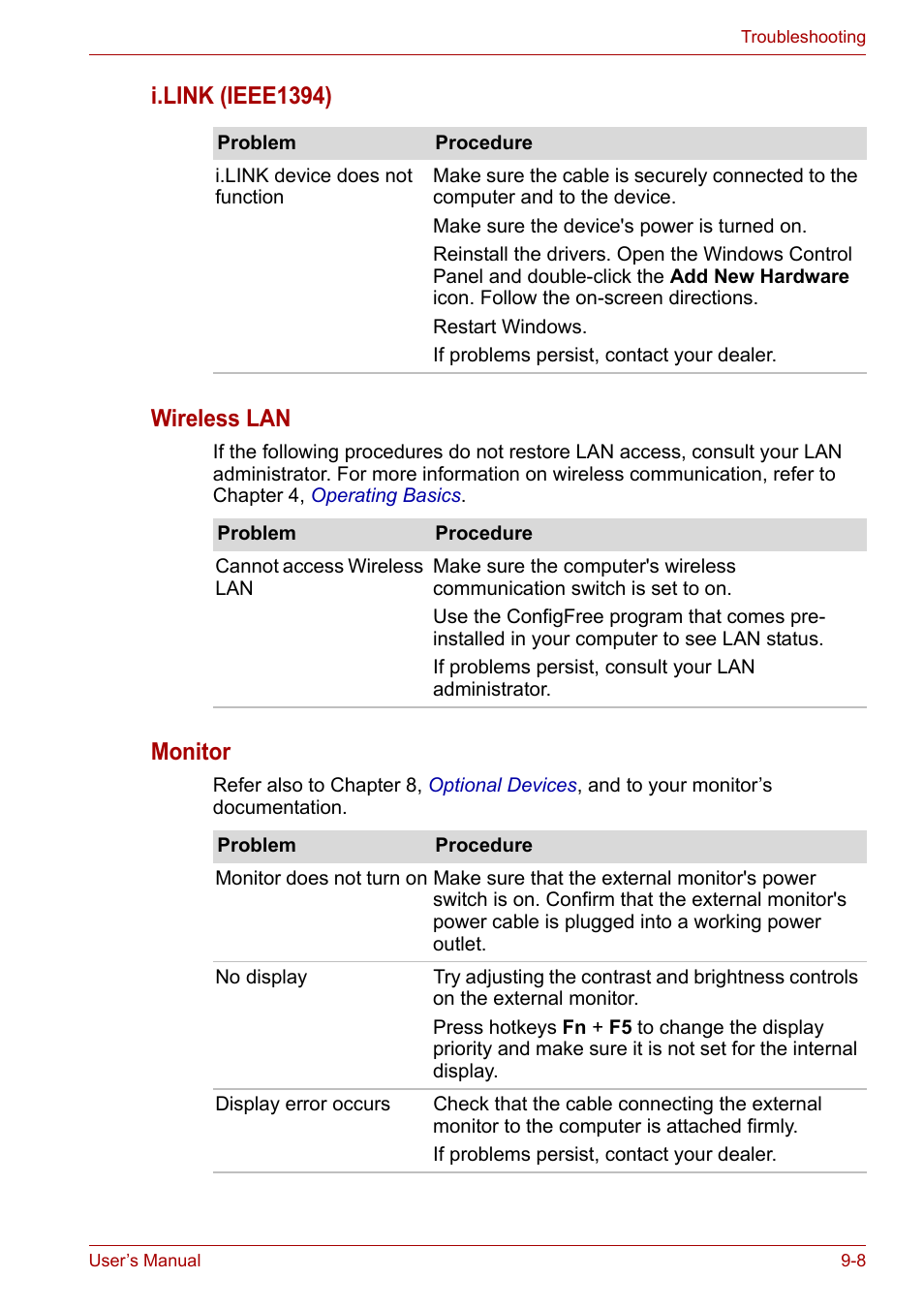 I.link (ieee1394) wireless lan, Monitor | Toshiba Equium P200 User Manual | Page 140 / 175