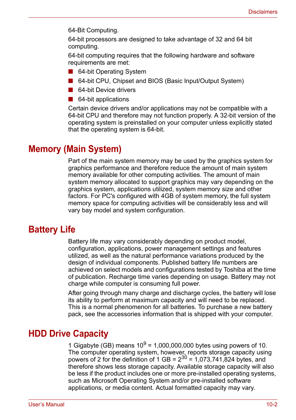 Memory (main system), Battery life, Hdd drive capacity | Toshiba Equium P200 User Manual | Page 152 / 175