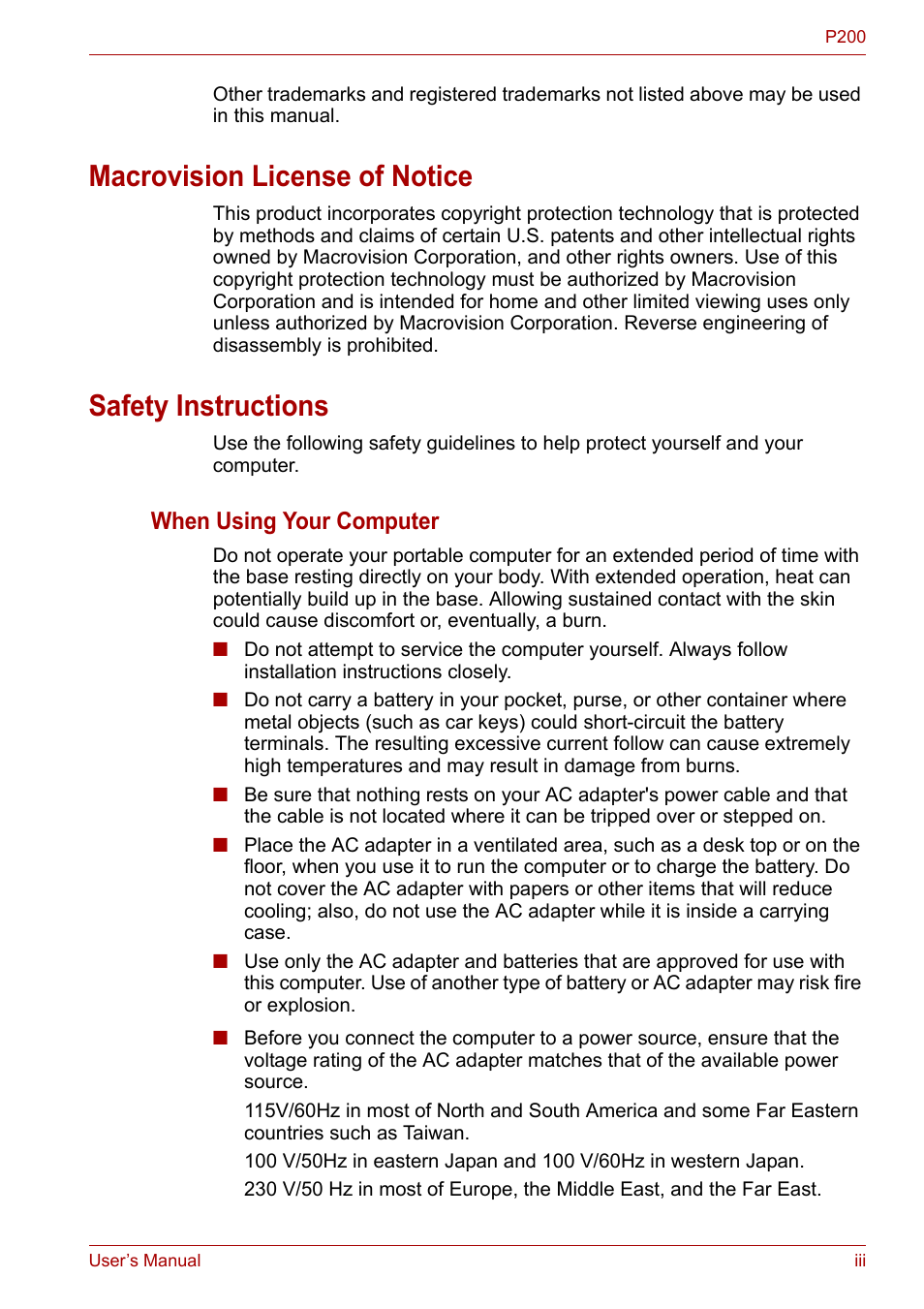 Macrovision license of notice, Safety instructions, When using your computer | Toshiba Equium P200 User Manual | Page 3 / 175