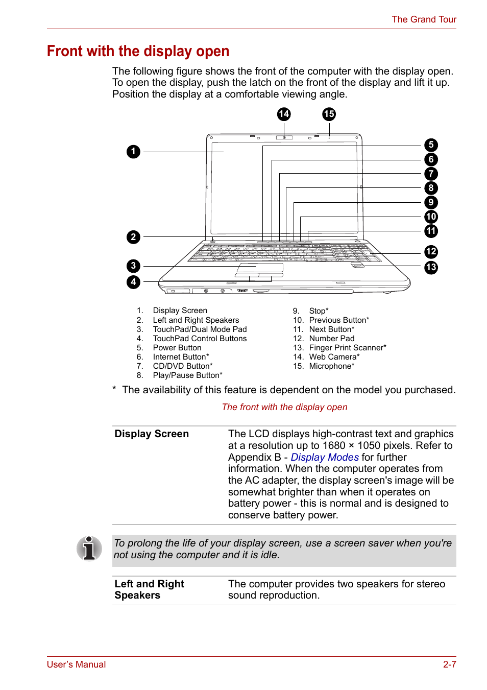 Front with the display open, Front with the display open -7 | Toshiba Equium P200 User Manual | Page 45 / 175