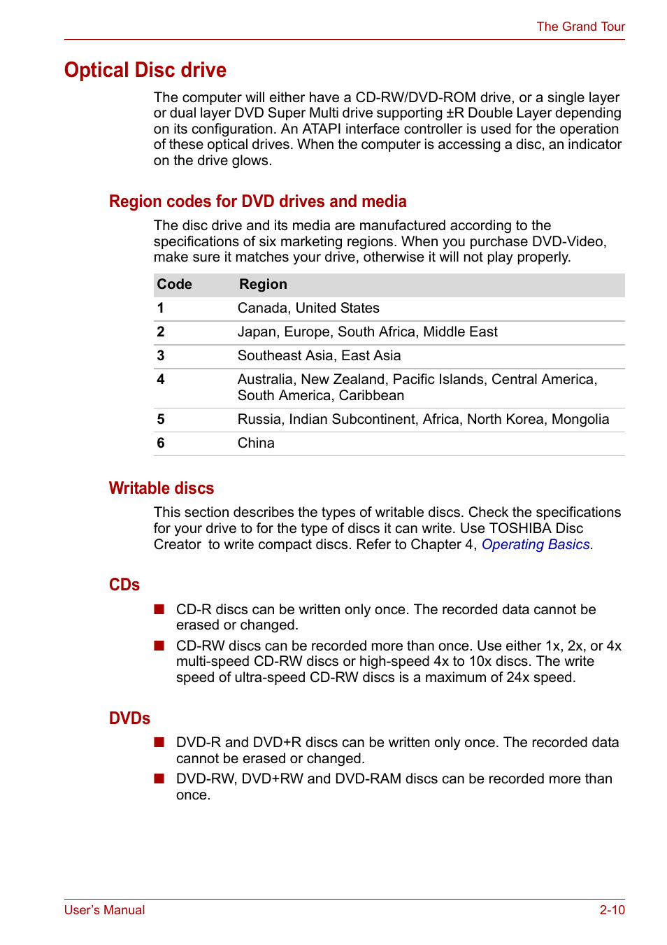 Optical disc drive, Optical disc drive -10, Region codes for dvd drives and media | Writable discs, Dvds | Toshiba Equium P200 User Manual | Page 48 / 175