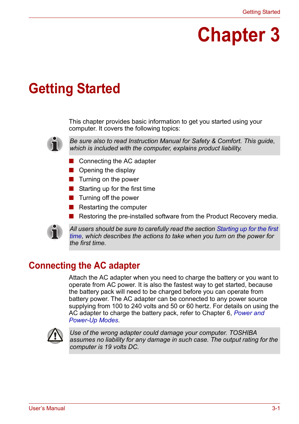 Chapter 3: getting started, Connecting the ac adapter, Chapter 3 | Getting started, Connecting the ac adapter -1, Provi | Toshiba Equium P200 User Manual | Page 51 / 175