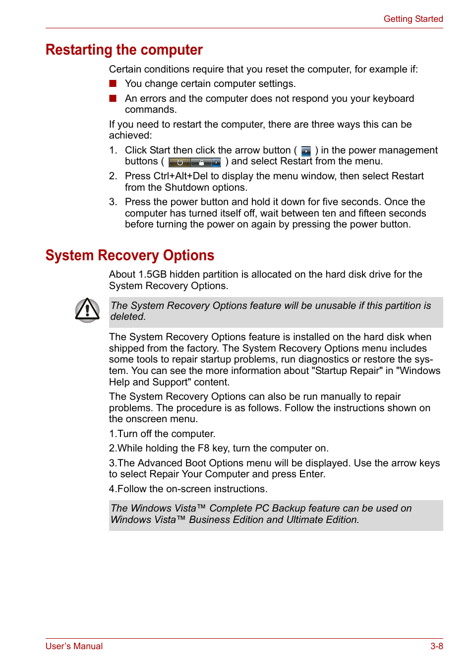 Restarting the computer, System recovery options | Toshiba Equium P200 User Manual | Page 58 / 175