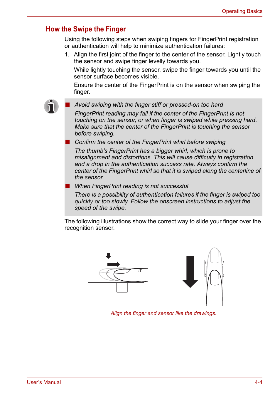 The swipe the finger, Section in chapter, How the swipe the finger | Toshiba Equium P200 User Manual | Page 63 / 175