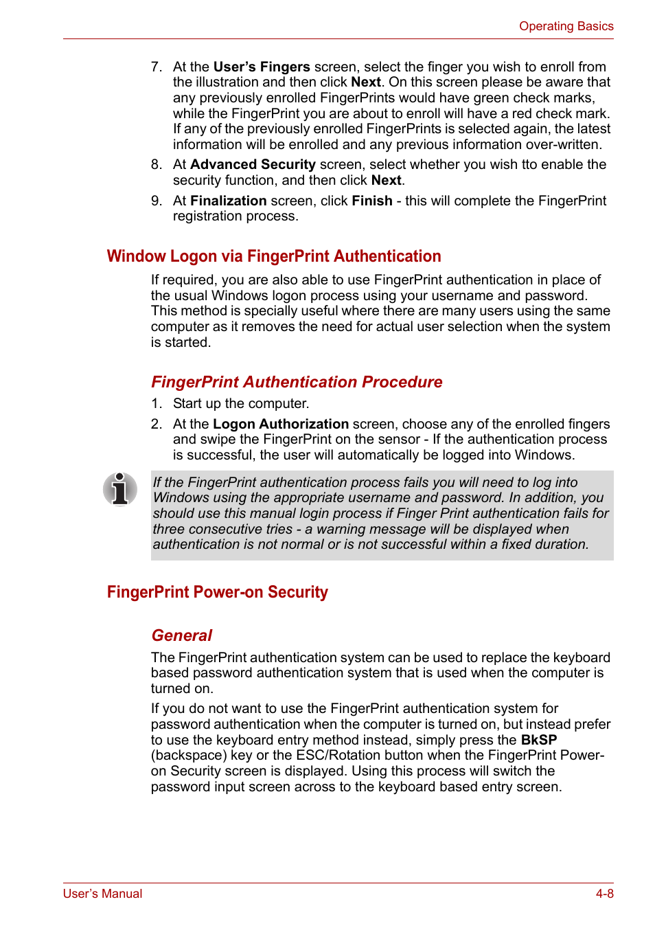 Window logon via fingerprint authentication, Fingerprint power-on security | Toshiba Equium P200 User Manual | Page 67 / 175