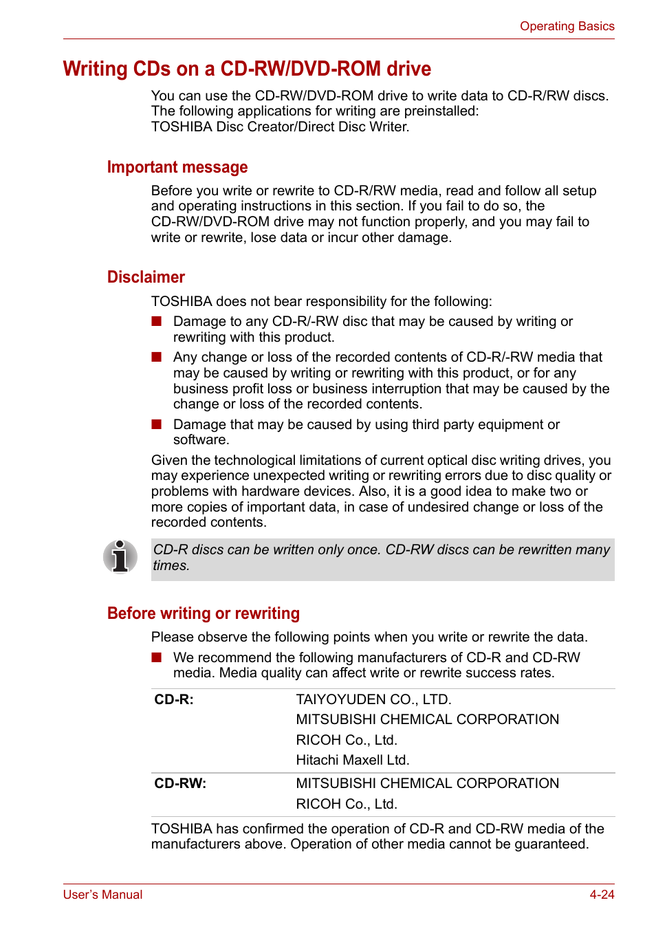 Writing cds on a cd-rw/dvd-rom drive, Writing cds on a cd-rw/dvd-rom drive -24, Important message | Disclaimer, Before writing or rewriting | Toshiba Equium P200 User Manual | Page 83 / 175