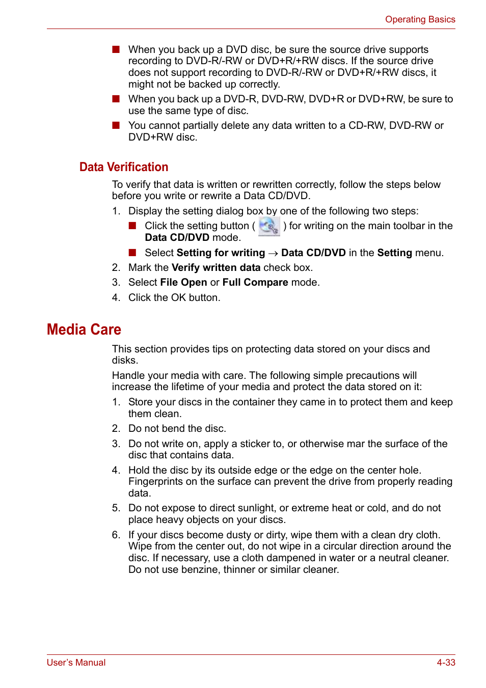 Media care, Media care -33, Data verification | Toshiba Equium P200 User Manual | Page 92 / 175