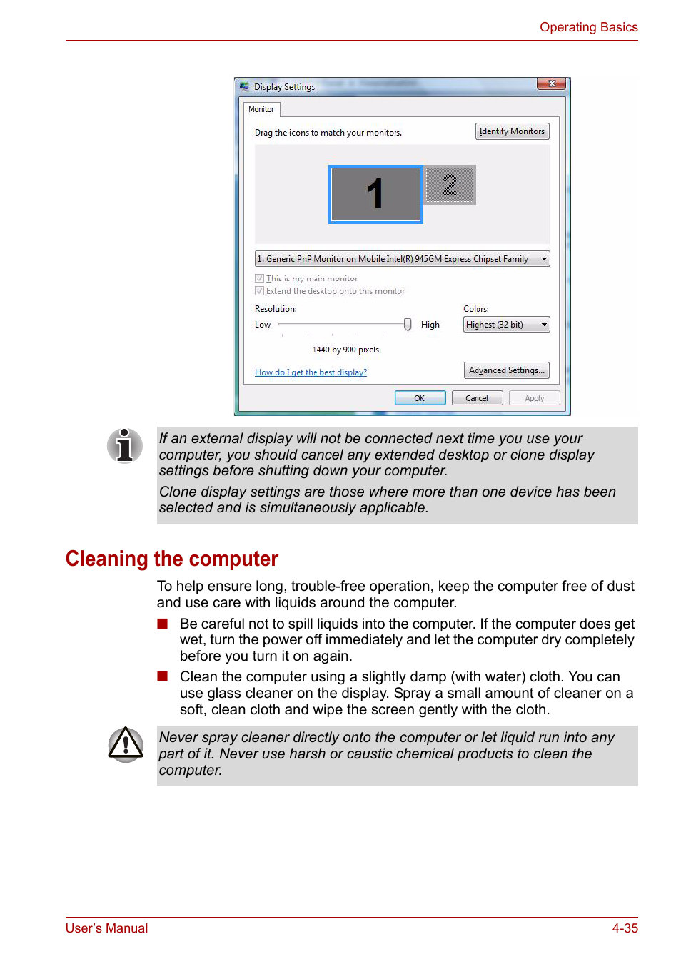 Cleaning the computer, Cleaning the computer -35 | Toshiba Equium P200 User Manual | Page 94 / 175