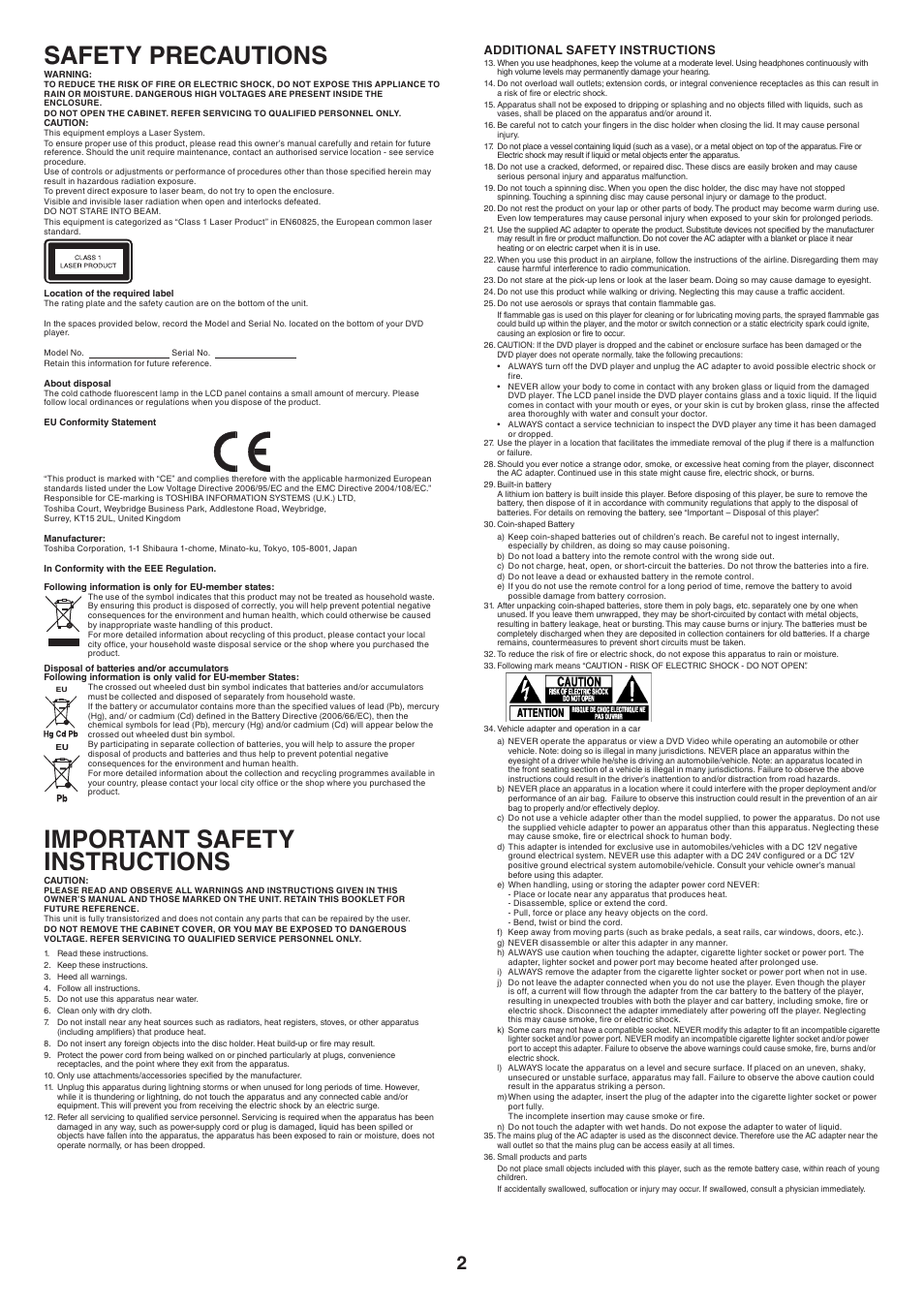 Safety precautions, Important safety instructions | Toshiba SDP77 User Manual | Page 2 / 7