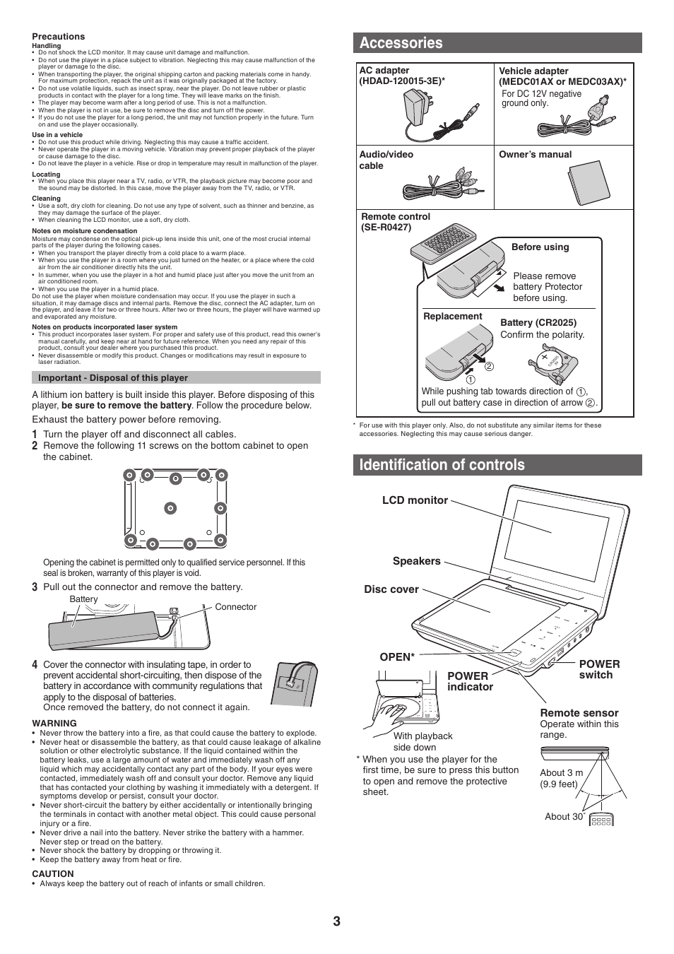 Accessories, Identification of controls | Toshiba SDP77 User Manual | Page 3 / 7