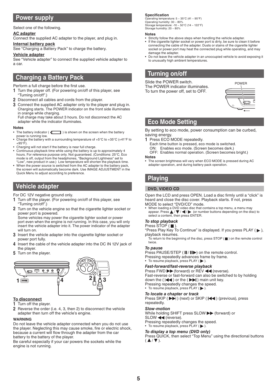 Power supply, Charging a battery pack, Vehicle adapter | Turning on/off, Eco mode setting, Playing | Toshiba SDP77 User Manual | Page 5 / 7