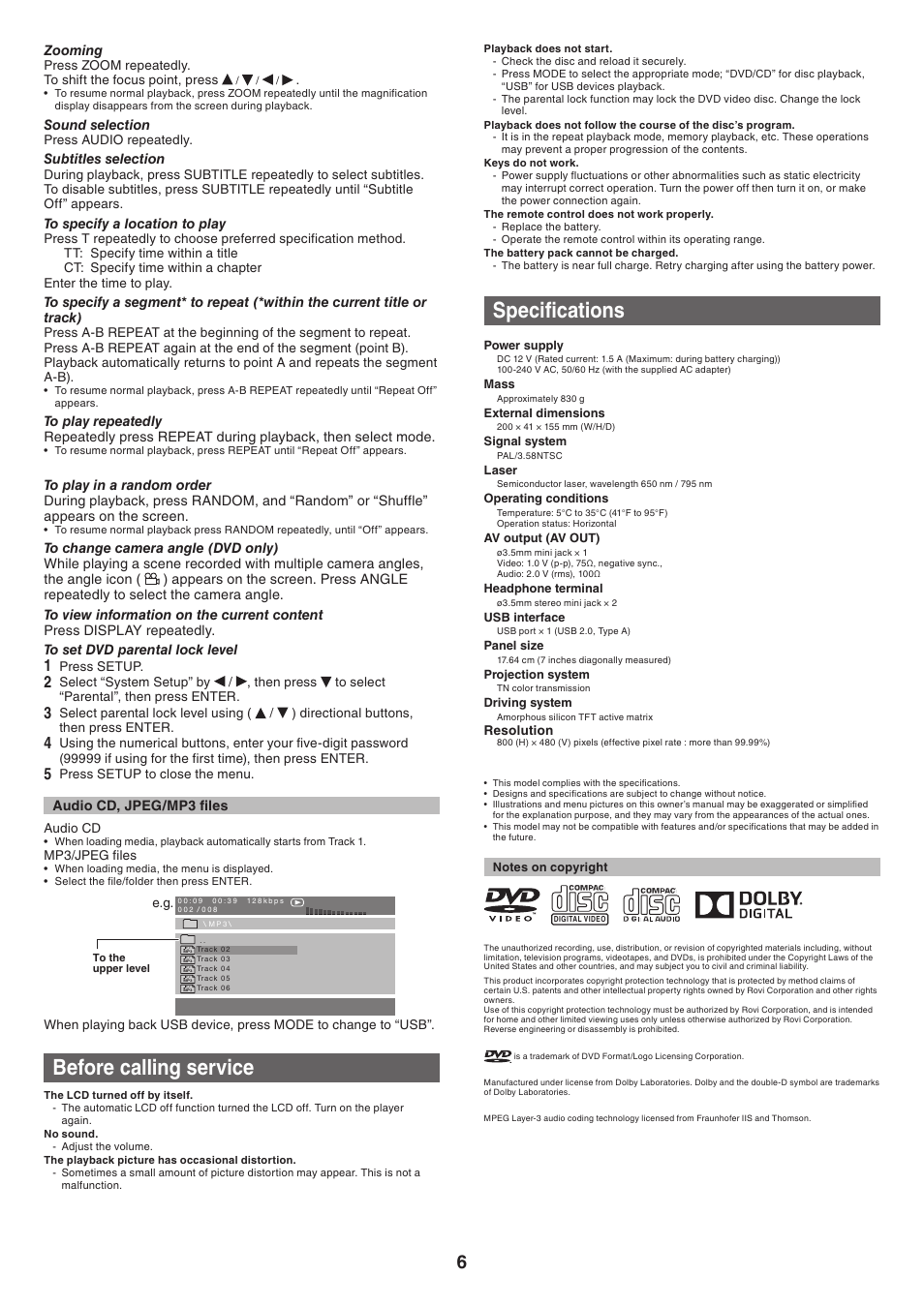 Before calling service, Specifications | Toshiba SDP77 User Manual | Page 6 / 7