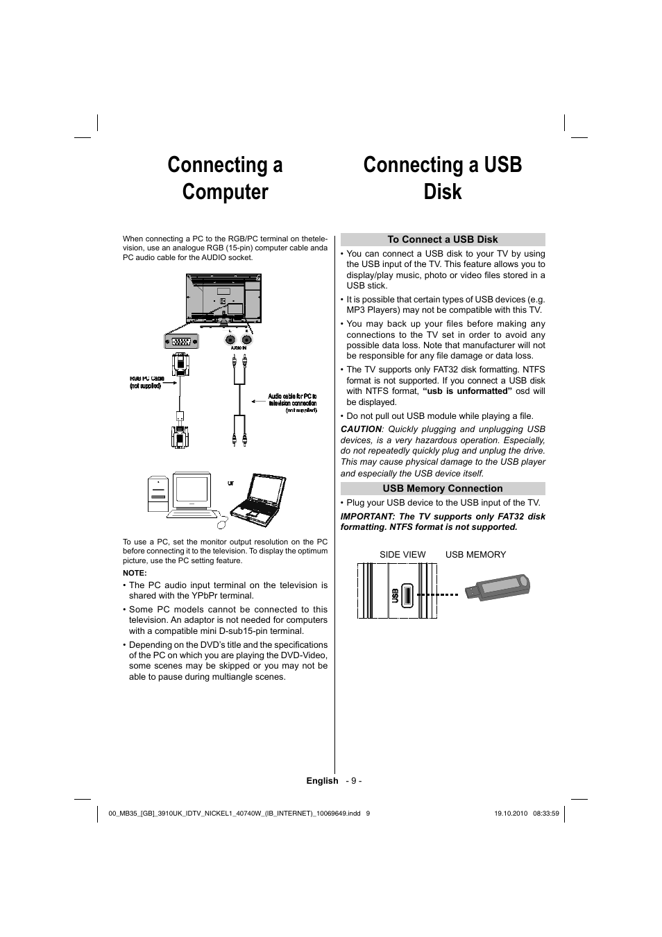 Connecting a computer connecting a usb disk | Toshiba KV700 User Manual | Page 10 / 41