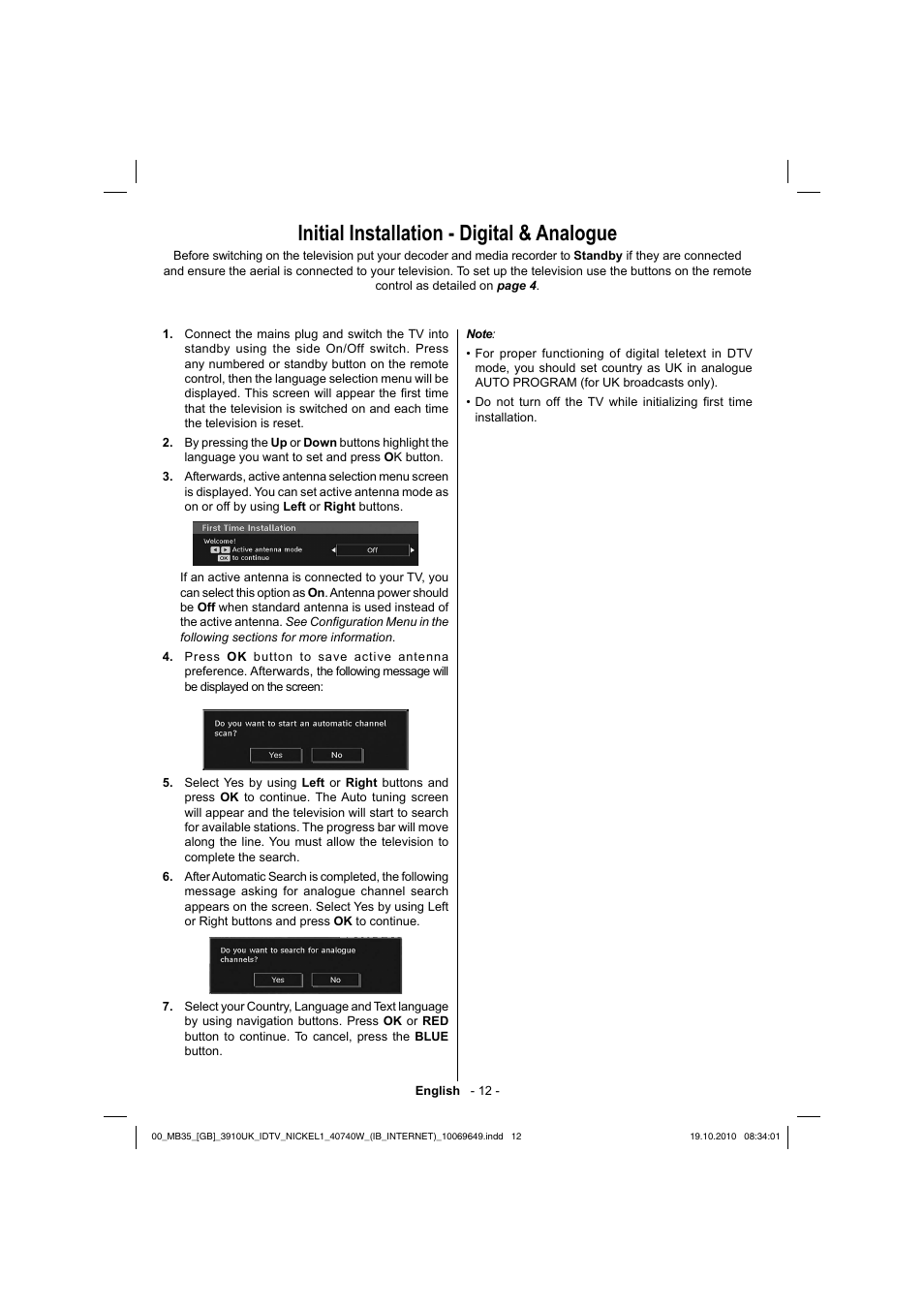 Initial installation - digital & analogue | Toshiba KV700 User Manual | Page 13 / 41