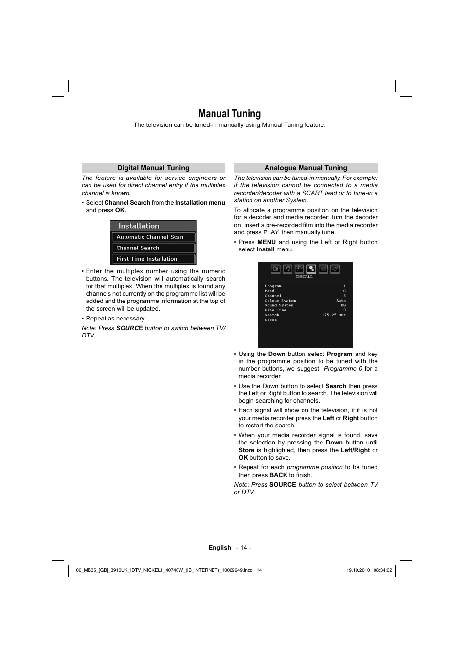 Manual tuning | Toshiba KV700 User Manual | Page 15 / 41