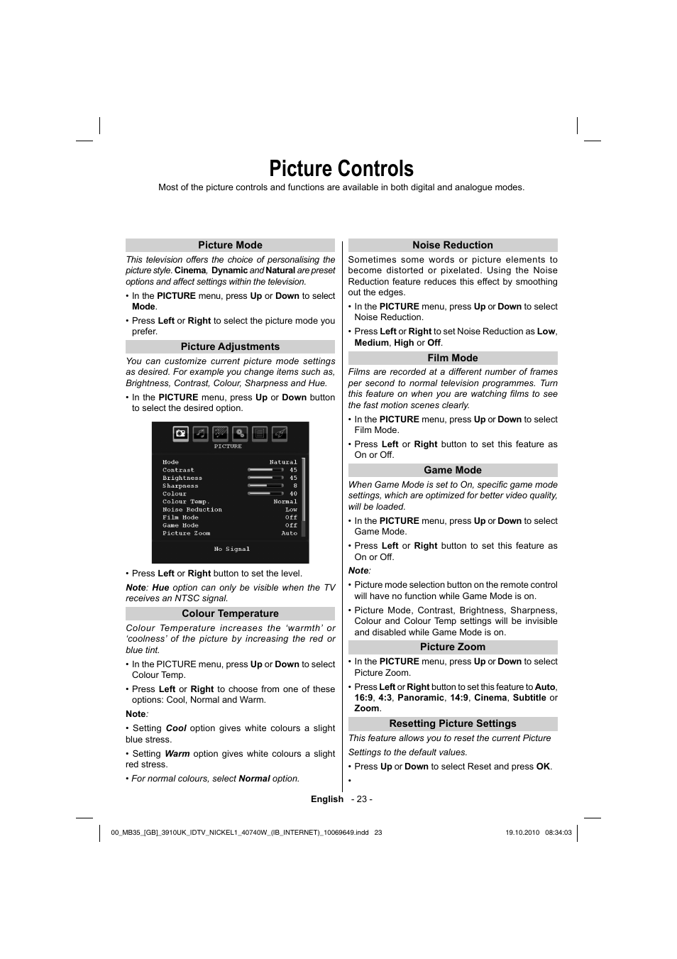 Picture controls | Toshiba KV700 User Manual | Page 24 / 41