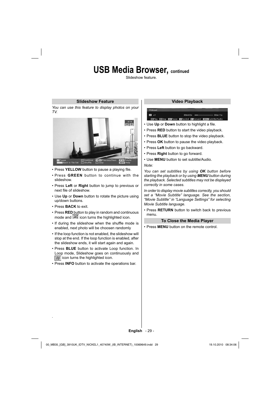 Usb media browser, Continued | Toshiba KV700 User Manual | Page 30 / 41