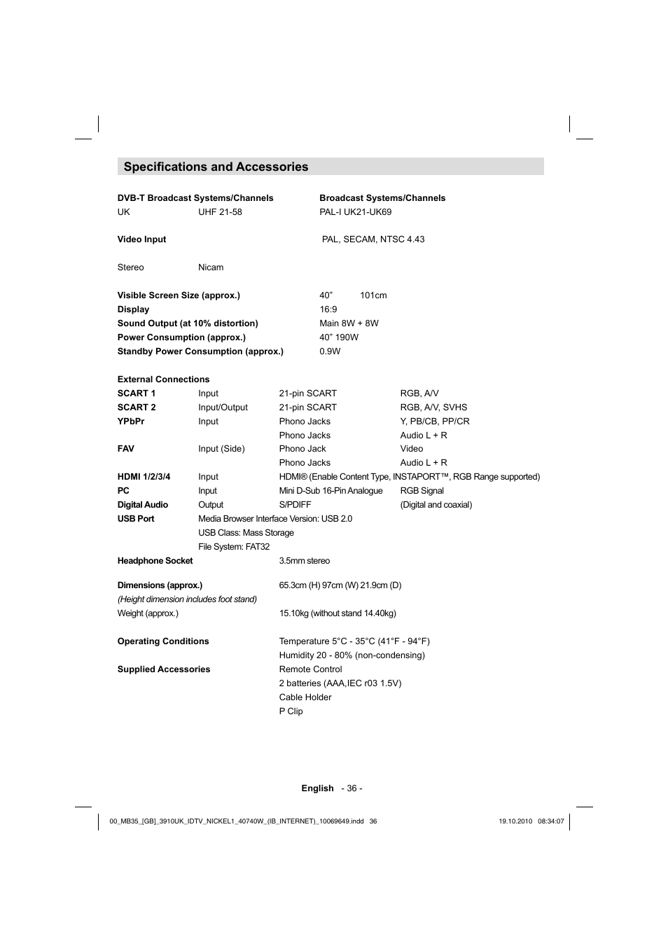 Specifi cations and accessories | Toshiba KV700 User Manual | Page 37 / 41