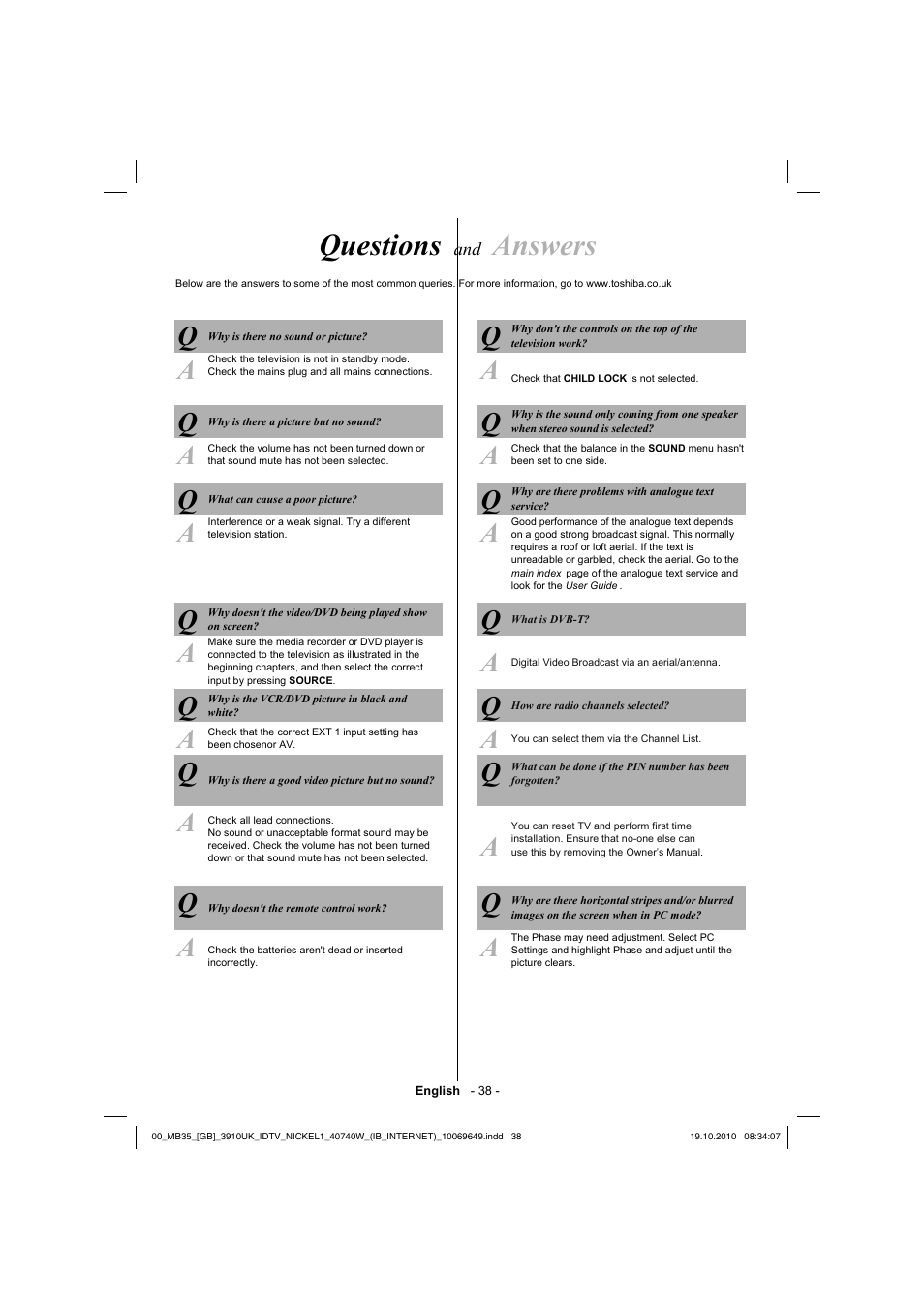 Questions, Answers | Toshiba KV700 User Manual | Page 39 / 41