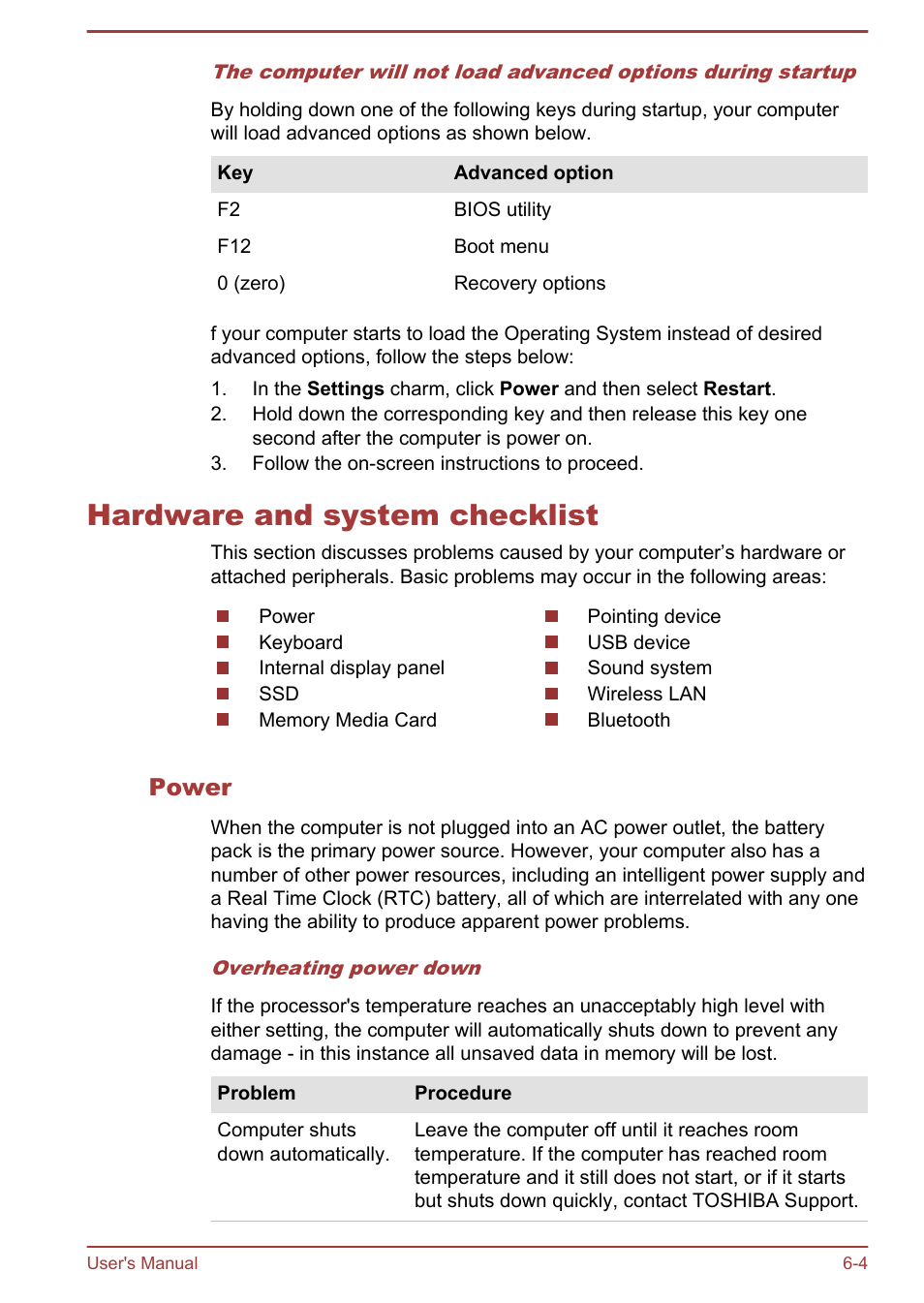 Hardware and system checklist, Power, Hardware and system checklist -4 | Toshiba Satellite U920T User Manual | Page 101 / 115