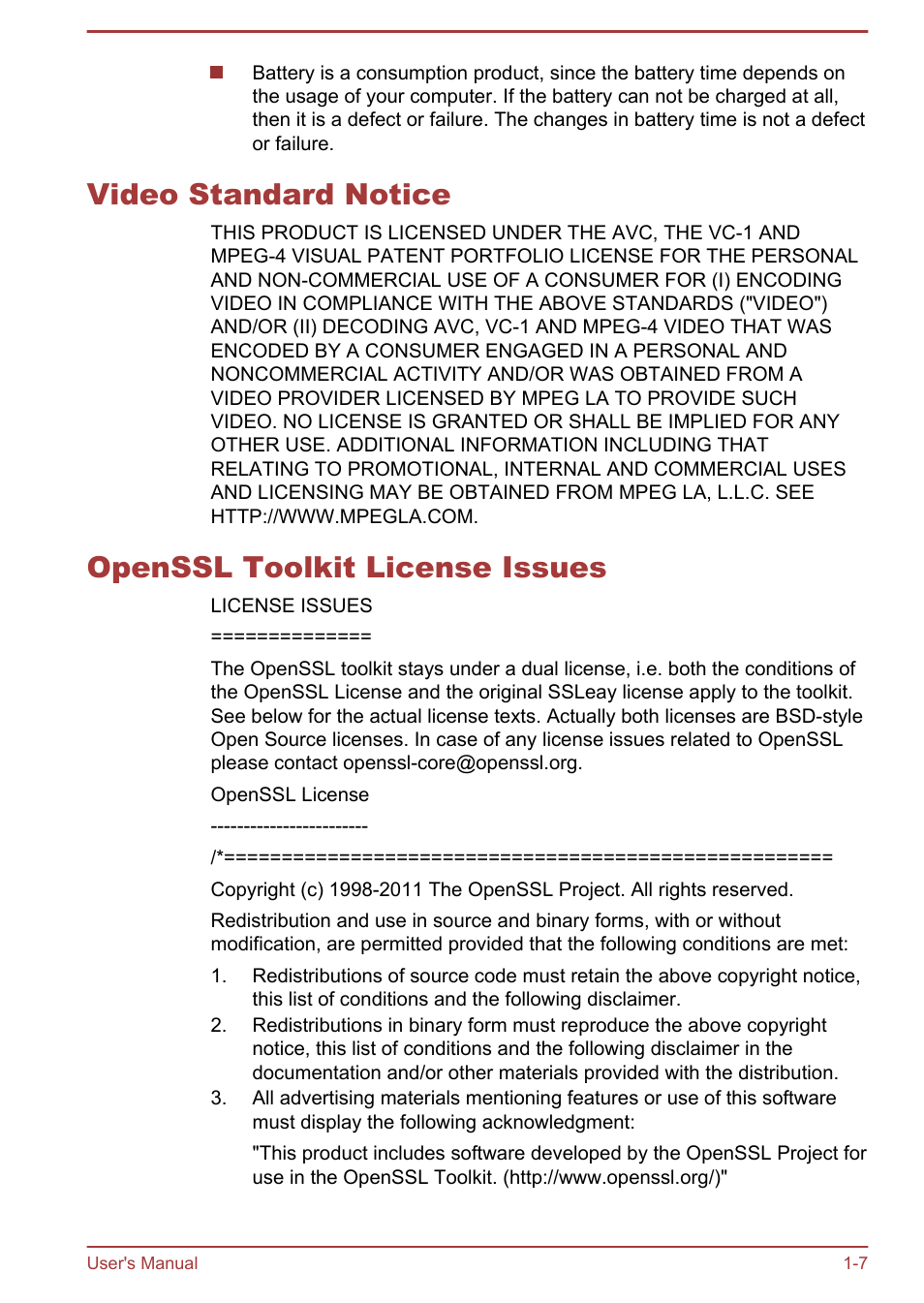 Video standard notice, Openssl toolkit license issues | Toshiba Satellite U920T User Manual | Page 11 / 115