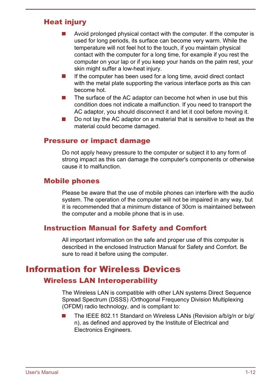 Heat injury, Pressure or impact damage, Mobile phones | Instruction manual for safety and comfort, Information for wireless devices, Wireless lan interoperability, Information for wireless devices -12 | Toshiba Satellite U920T User Manual | Page 16 / 115