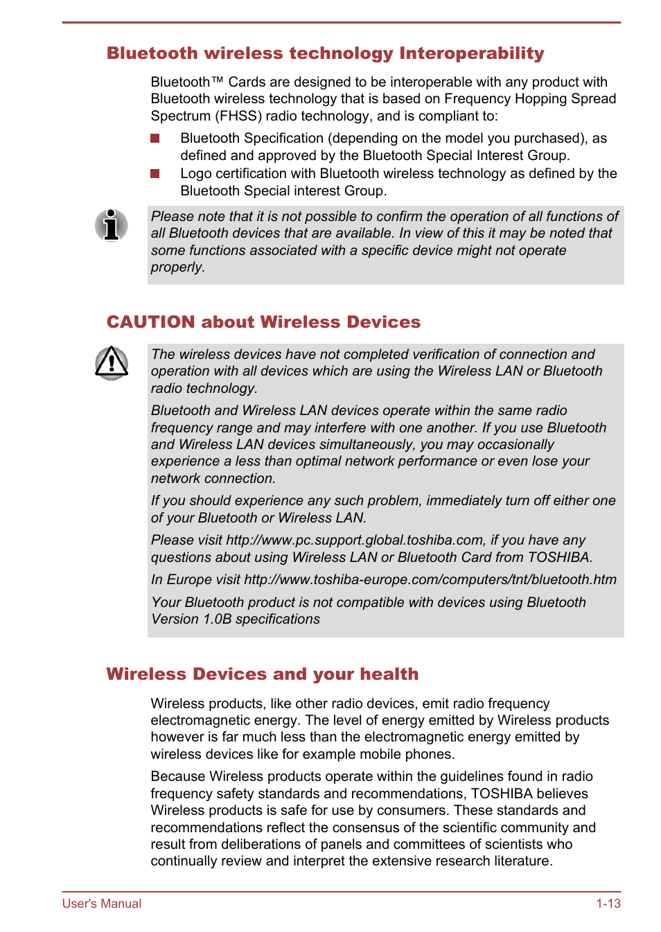 Bluetooth wireless technology interoperability, Caution about wireless devices, Wireless devices and your health | Toshiba Satellite U920T User Manual | Page 17 / 115