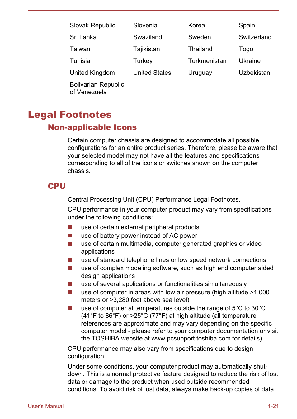 Legal footnotes, Non-applicable icons, Legal footnotes -21 | Toshiba Satellite U920T User Manual | Page 25 / 115