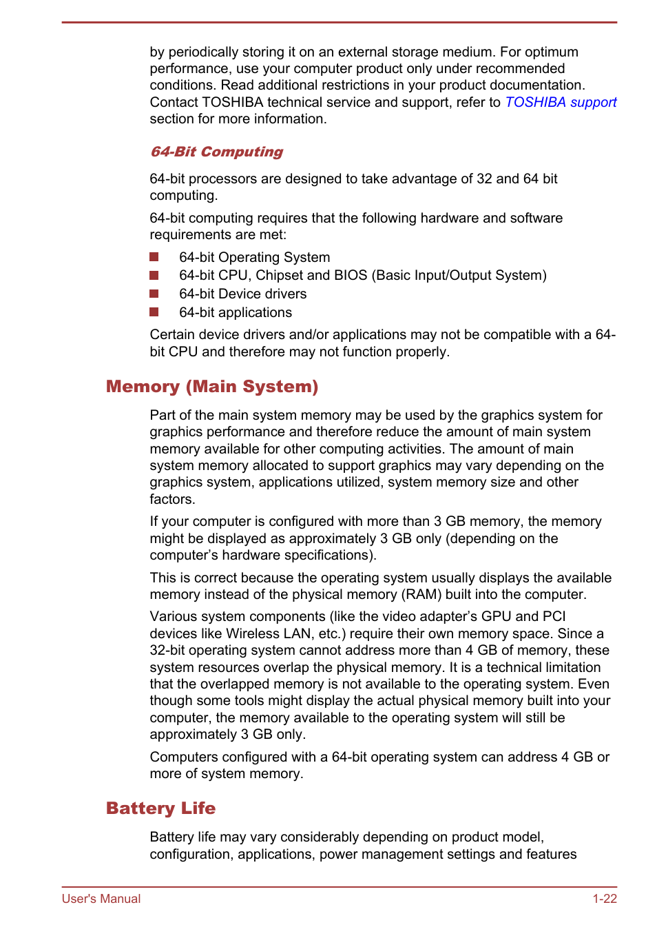 Memory (main system), Battery life | Toshiba Satellite U920T User Manual | Page 26 / 115