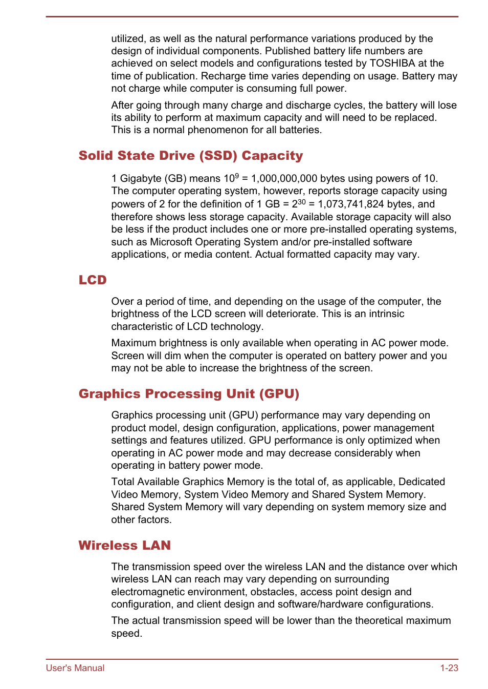 Solid state drive (ssd) capacity, Graphics processing unit (gpu), Wireless lan | Toshiba Satellite U920T User Manual | Page 27 / 115