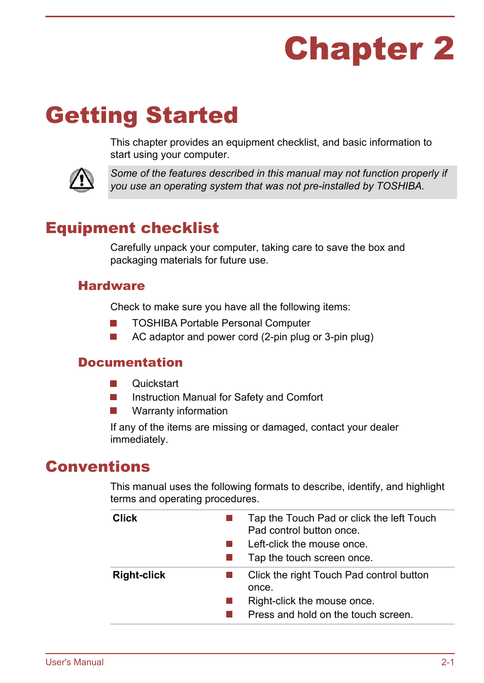 Chapter 2 getting started, Equipment checklist, Hardware | Documentation, Conventions, Chapter 2, Getting started, Equipment checklist -1 conventions -1 | Toshiba Satellite U920T User Manual | Page 29 / 115