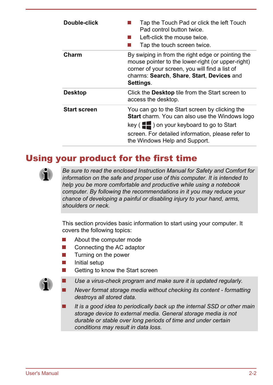 Using your product for the first time, Using your product for the first time -2 | Toshiba Satellite U920T User Manual | Page 30 / 115