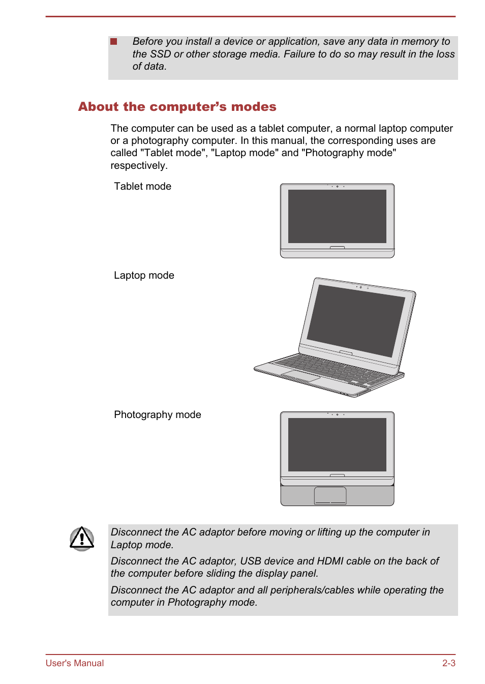 About the computer’s modes | Toshiba Satellite U920T User Manual | Page 31 / 115