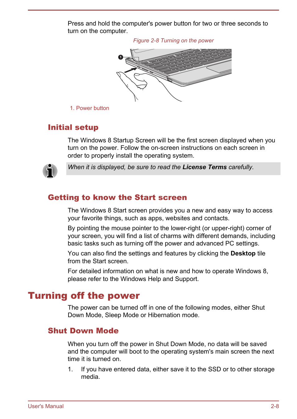 Initial setup, Getting to know the start screen, Turning off the power | Shut down mode, Turning off the power -8 | Toshiba Satellite U920T User Manual | Page 36 / 115