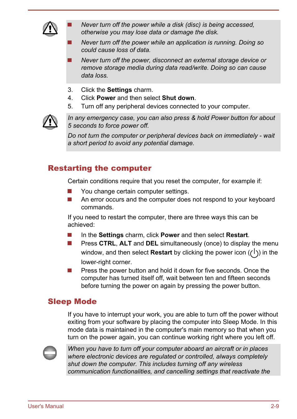 Restarting the computer, Sleep mode | Toshiba Satellite U920T User Manual | Page 37 / 115