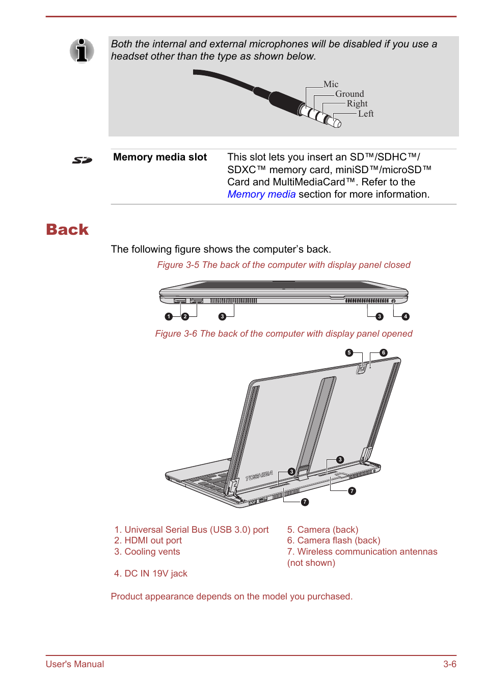 Back, Back -6, The following figure shows the computer’s back | Toshiba Satellite U920T User Manual | Page 46 / 115