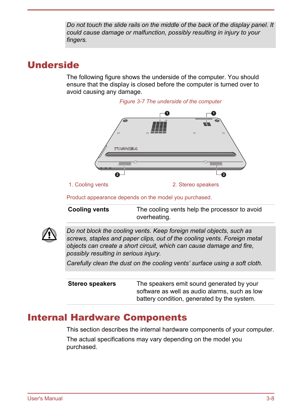 Underside, Internal hardware components, Underside -8 internal hardware components -8 | Toshiba Satellite U920T User Manual | Page 48 / 115